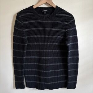 Express Mens Waffle Knit Striped Crew Neck Sweater Black Grey Size M